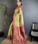 zari weaving golden beige tissue paithani saree