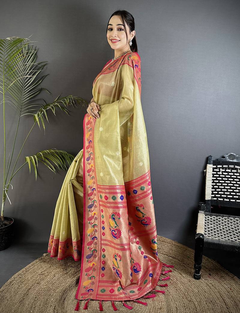 zari weaving golden beige tissue paithani saree