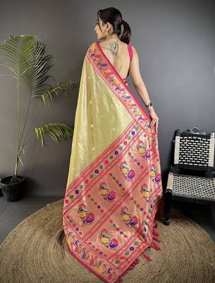 zari weaving golden beige tissue paithani saree 2