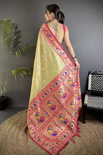 zari weaving golden beige tissue paithani saree