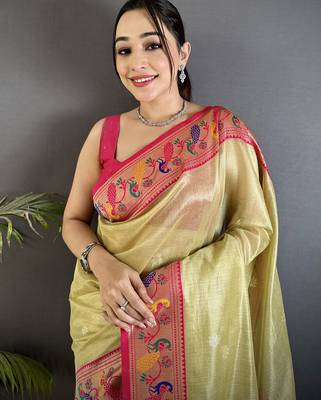 zari weaving golden beige tissue paithani saree 3