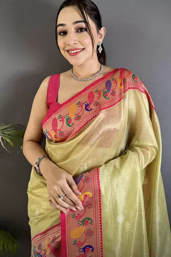 zari weaving golden beige tissue paithani saree