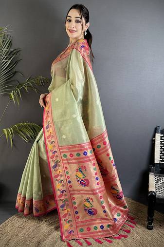 zari weaving pista green tissue paithani saree