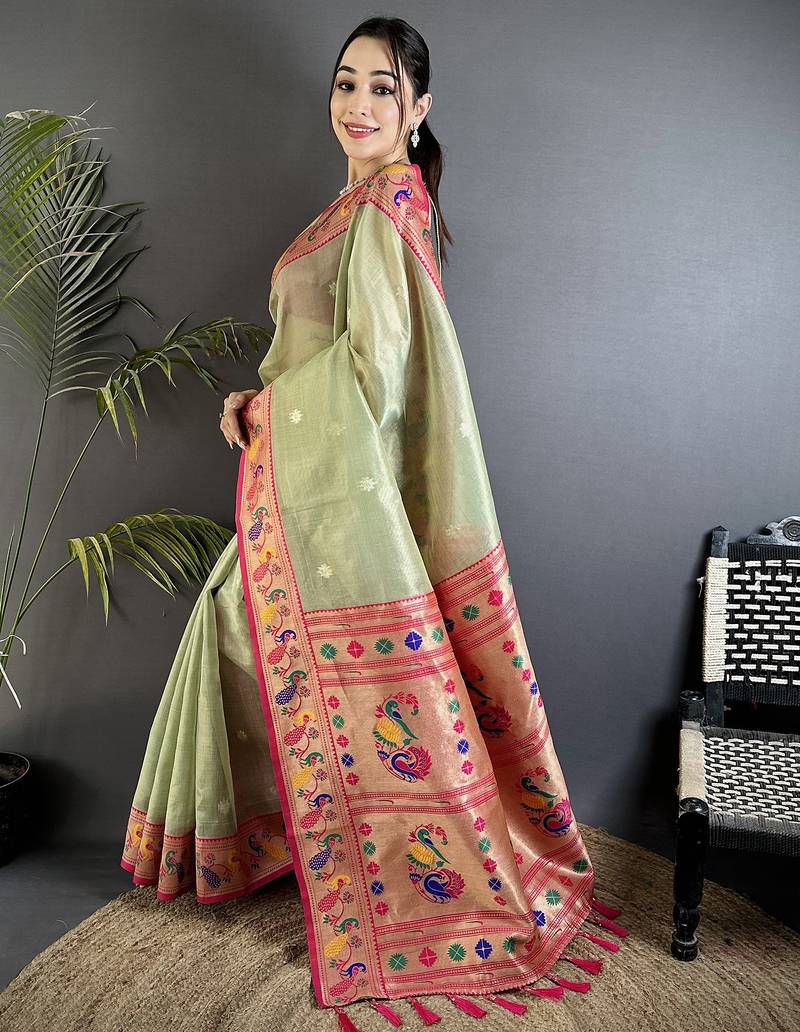 zari weaving pista green tissue paithani saree