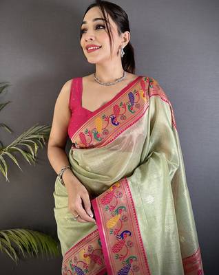 zari weaving pista green tissue paithani saree 3