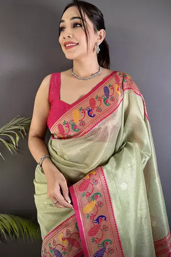 zari weaving pista green tissue paithani saree