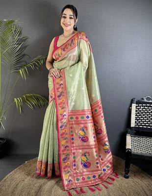 zari weaving pista green tissue paithani saree 5