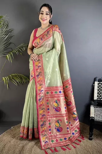 zari weaving pista green tissue paithani saree