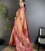 zari weaving dark peach tissue paithani saree
