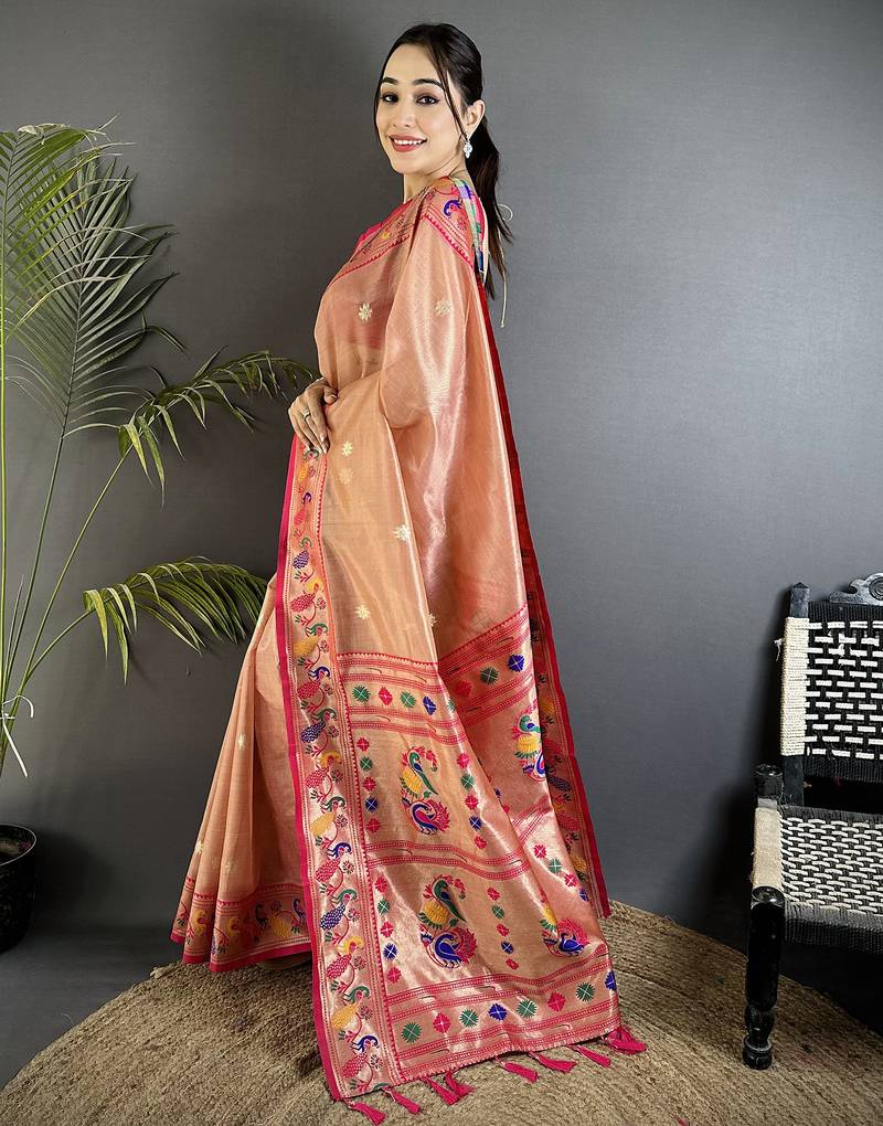 zari weaving dark peach tissue paithani saree