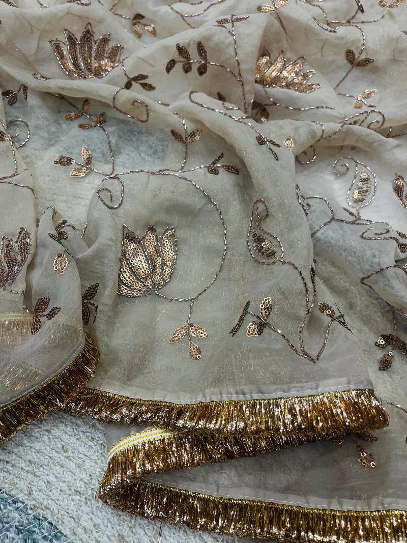 Beige Color Beads And Sequins Embroidery Work Rose Gold Silk Blend Saree