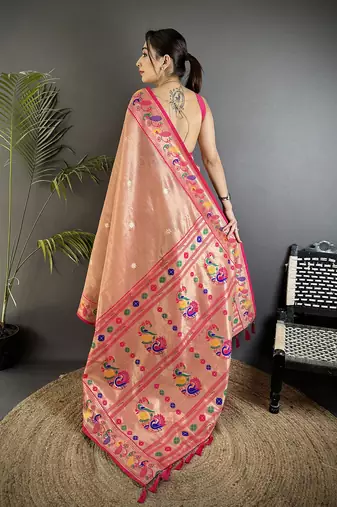 zari weaving dark peach tissue paithani saree