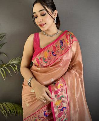 zari weaving dark peach tissue paithani saree 3