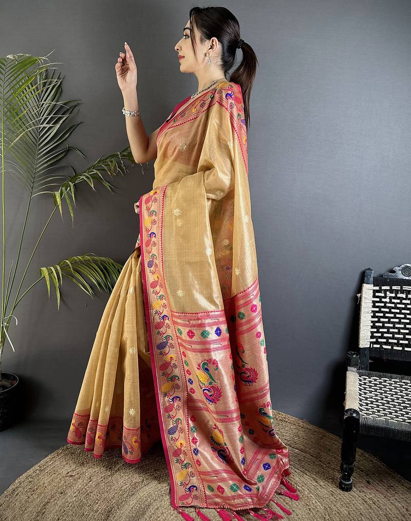 zari weaving beige tissue paithani saree