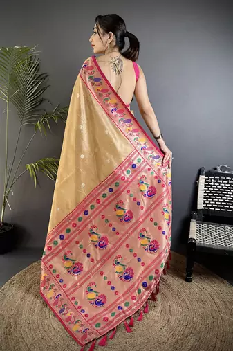 zari weaving beige tissue paithani saree