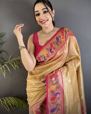 zari weaving beige tissue paithani saree 3