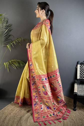 zari weaving golden yellow tissue paithani saree