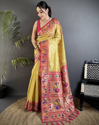 zari weaving golden yellow tissue paithani saree 5