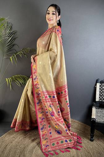 zari weaving beige tissue paithani saree