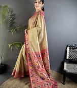zari weaving beige tissue paithani saree