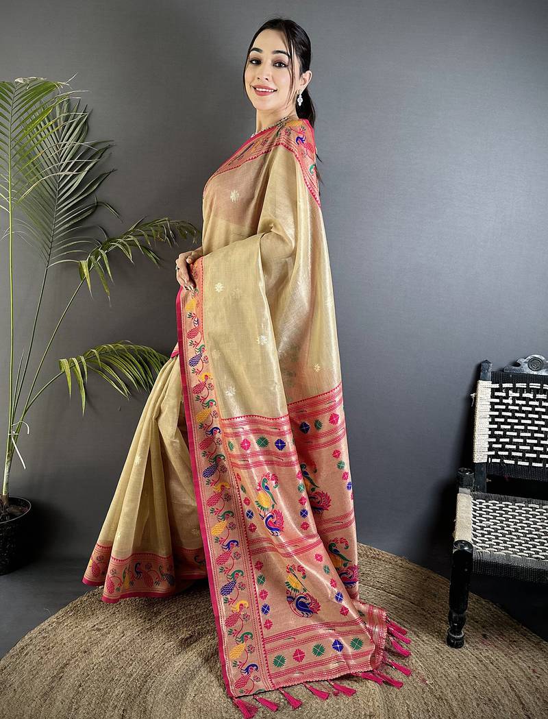 zari weaving beige tissue paithani saree