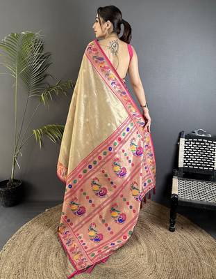 zari weaving beige tissue paithani saree 2