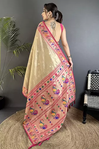 zari weaving beige tissue paithani saree