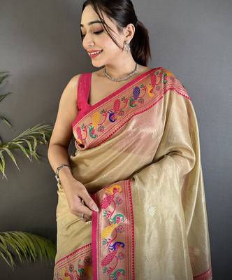 zari weaving beige tissue paithani saree 3