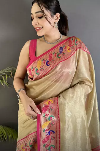 zari weaving beige tissue paithani saree