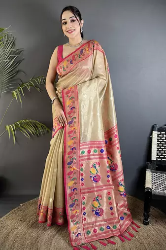 zari weaving beige tissue paithani saree