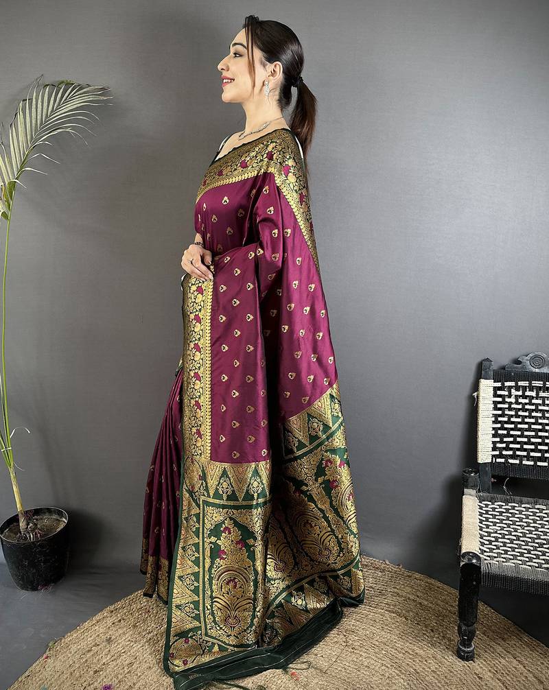 intricate motifs wine soft silk banarasi saree