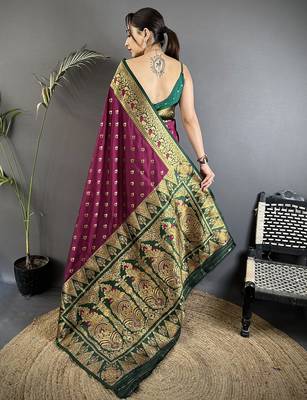 intricate motifs wine soft silk blend banarasi saree 2