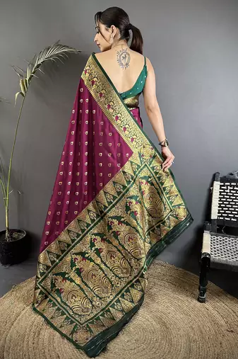 intricate motifs wine soft silk banarasi saree
