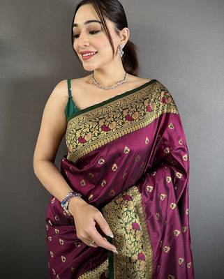 intricate motifs wine soft silk blend banarasi saree 3