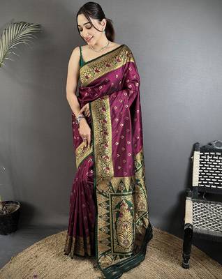intricate motifs wine soft silk blend banarasi saree 5