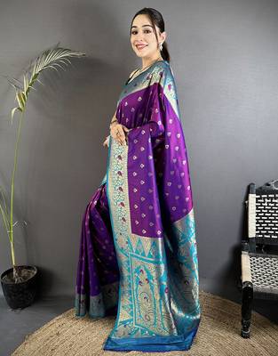 intricate motifs purple  soft silk blend banarasi saree 1