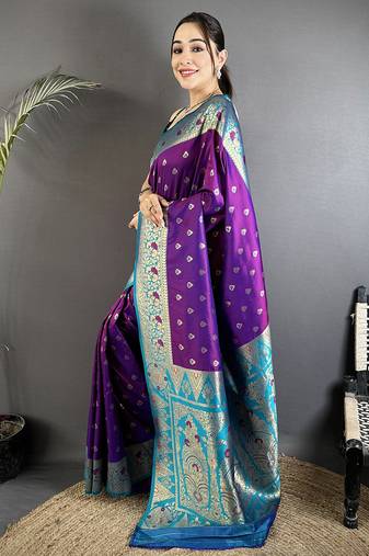 intricate motifs purple  soft silk banarasi saree