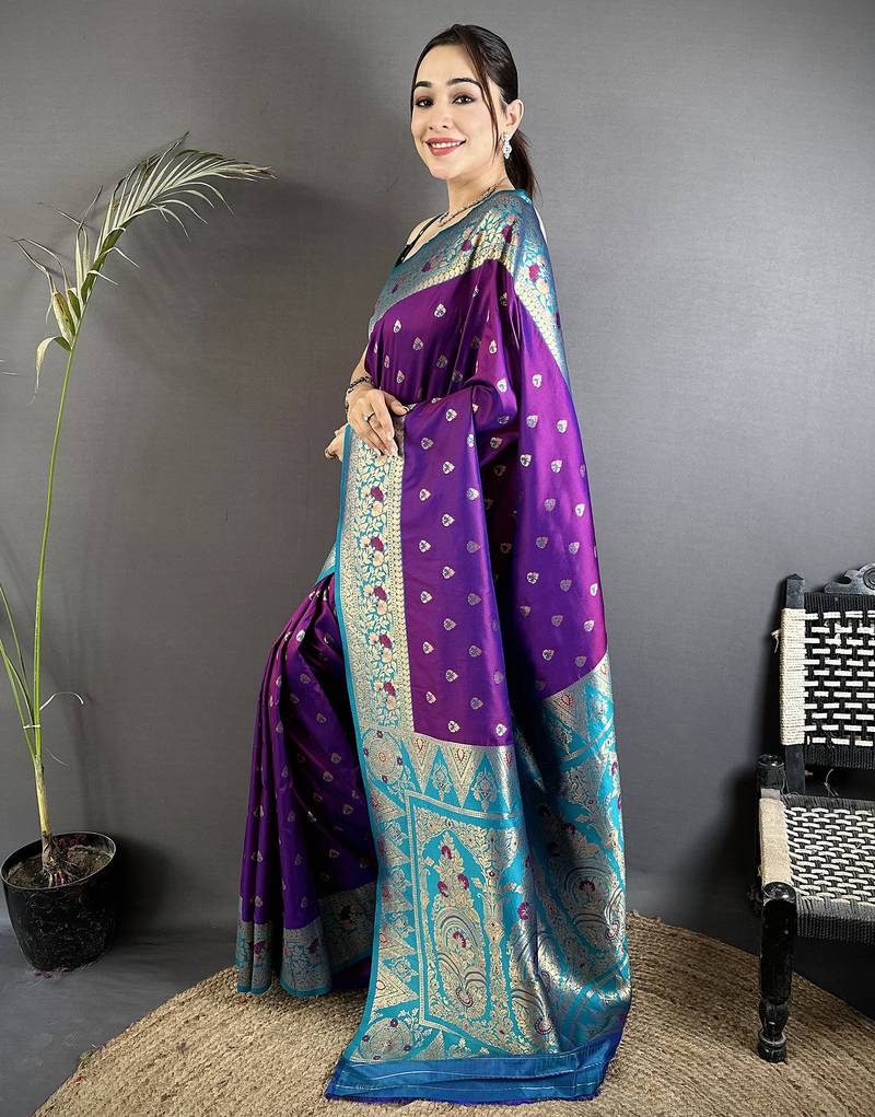 intricate motifs purple  soft silk banarasi saree