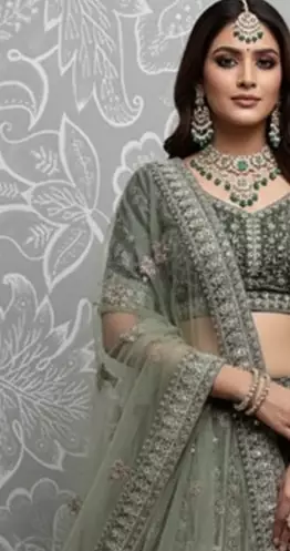 green sequins velvet bridal lehenga set choli with dupatta with double dupatta