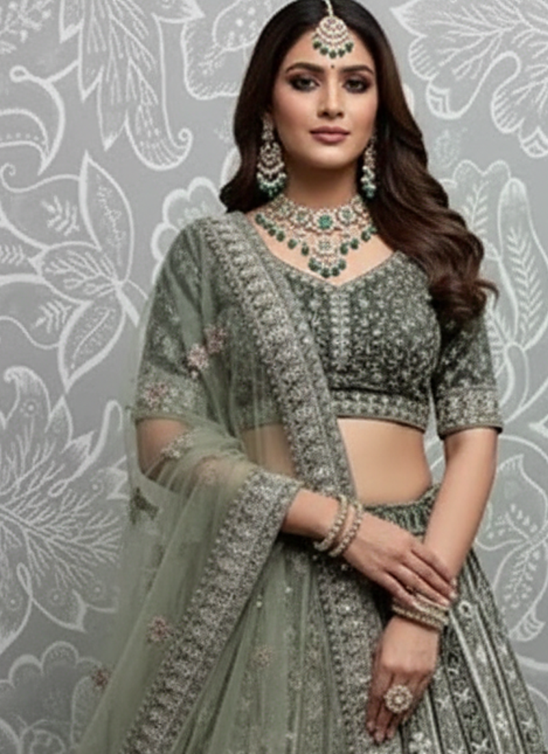 green sequins velvet bridal lehenga set choli with dupatta with double dupatta