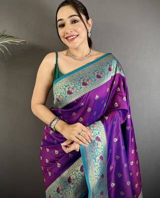 intricate motifs purple  soft silk blend banarasi saree 3