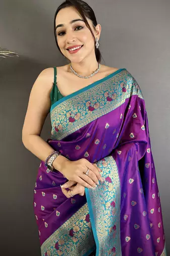 intricate motifs purple   soft silk banarasi saree