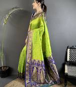 intricate motifs parrot green soft silk banarasi saree