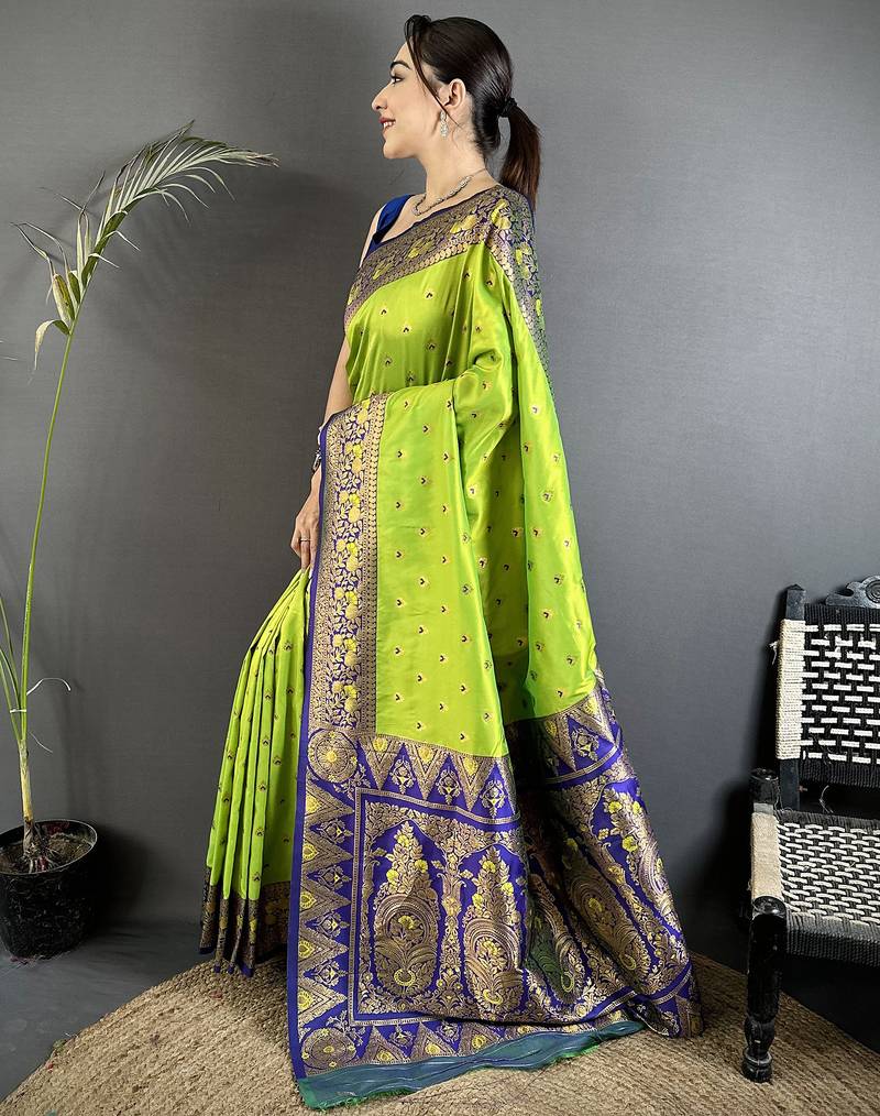 intricate motifs parrot green soft silk banarasi saree