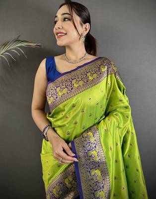 intricate motifs parrot green soft silk blend banarasi saree 3