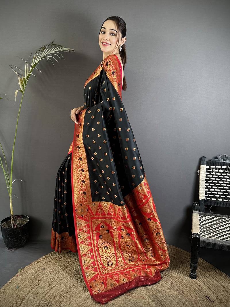 intricate motifs black soft silk banarasi saree