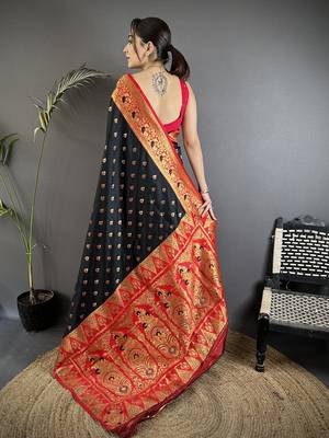 intricate motifs black soft silk blend banarasi saree 2