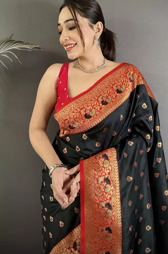 intricate motifs black soft silk banarasi saree