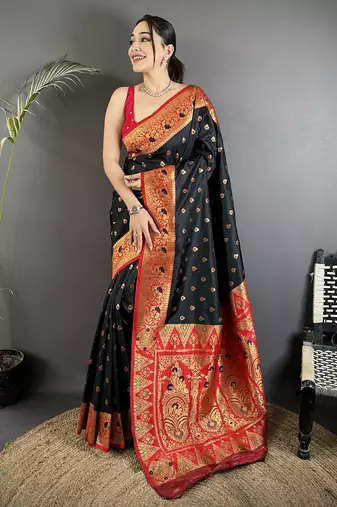 intricate motifs black soft silk banarasi saree