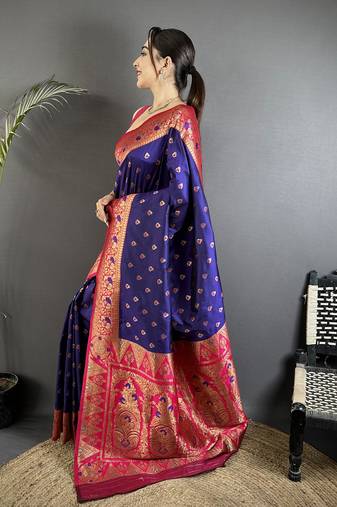 intricate motifs royal blue soft silk banarasi saree